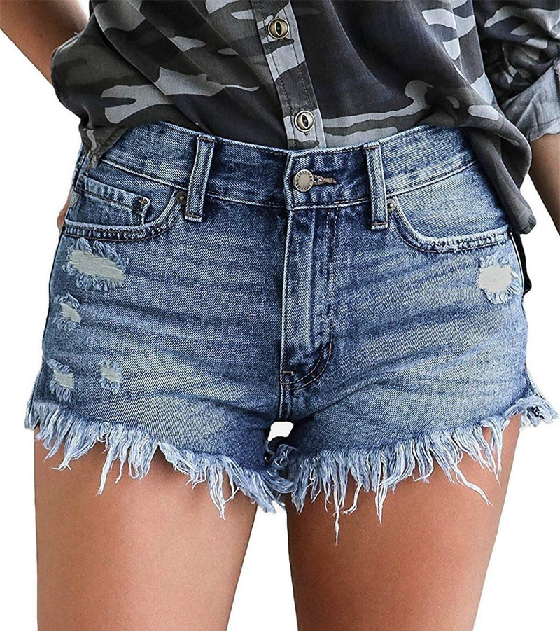 onlypuff Blue Jean Shorts Mid Rise Shorts Ripped Denim Shorts for Women Stretchy Jeans S - Image 1